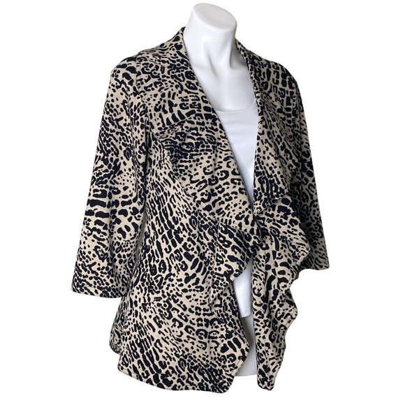 Calvin Klein Leopard Print Ruffle Cardigan, Open Front Black Brown Women's Sz 8 - Picture 3 of 9